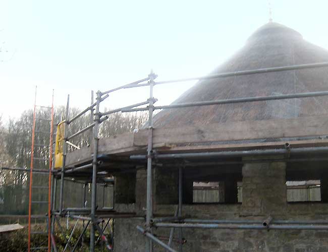 Roof access scaffolding of historic public building. 